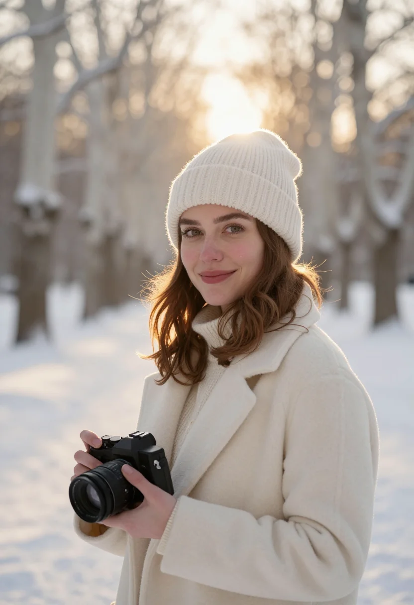 AI analog camera snow cream sample — portrait of a woman, framed chest-up from the ribs with the