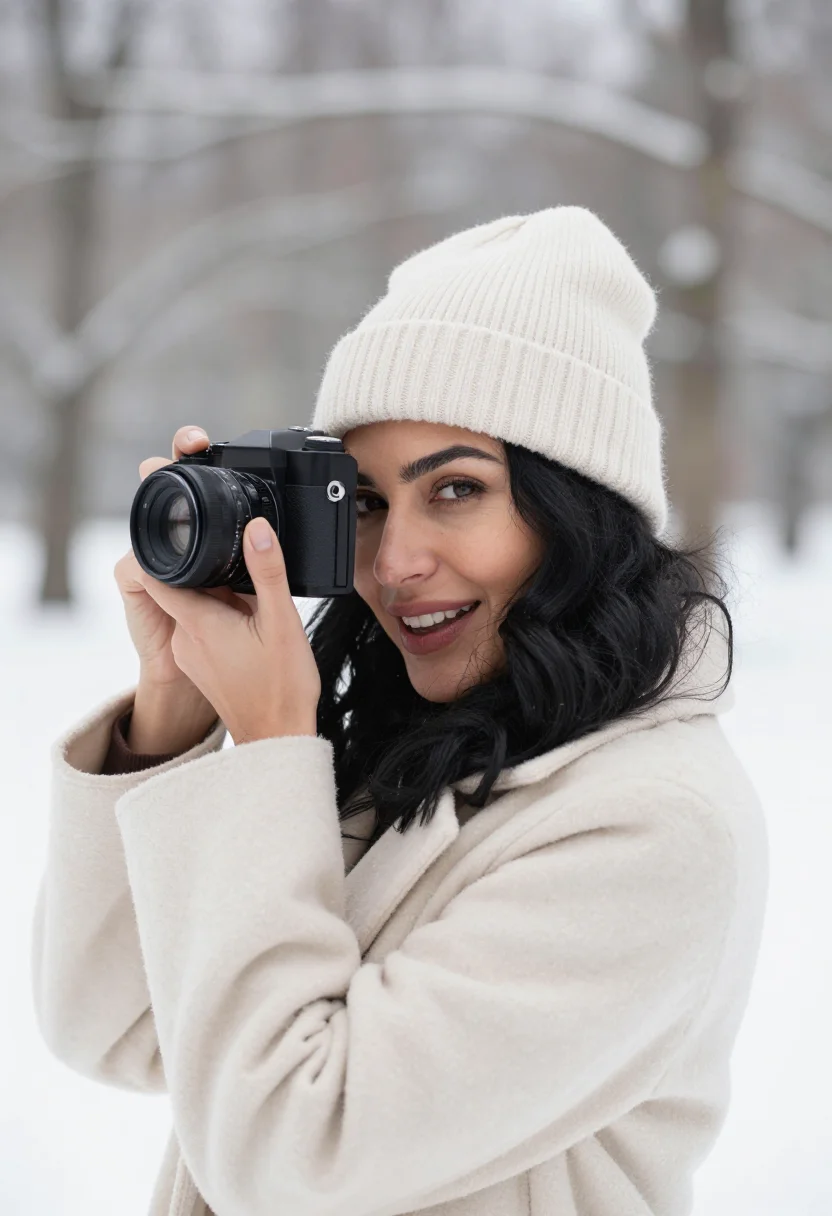 AI analog camera snow cream sample — portrait of a woman, framed head and shoulders, tighter, the