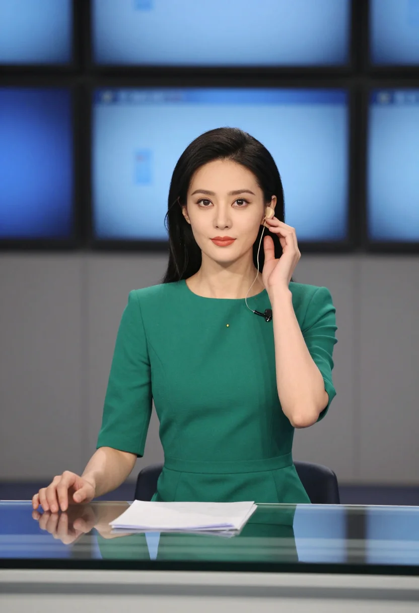 AI anchor desk sample — portrait of a woman, wider half-length portrait of an East-A