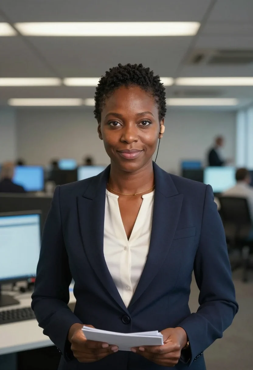AI anchor desk sample — portrait of a woman, chest-up portrait of a Black woman in h