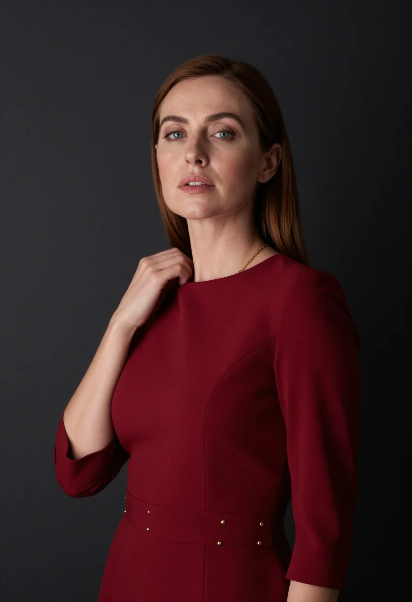 AI anchor desk sample — portrait of a woman, chest-up portrait of a Western-European