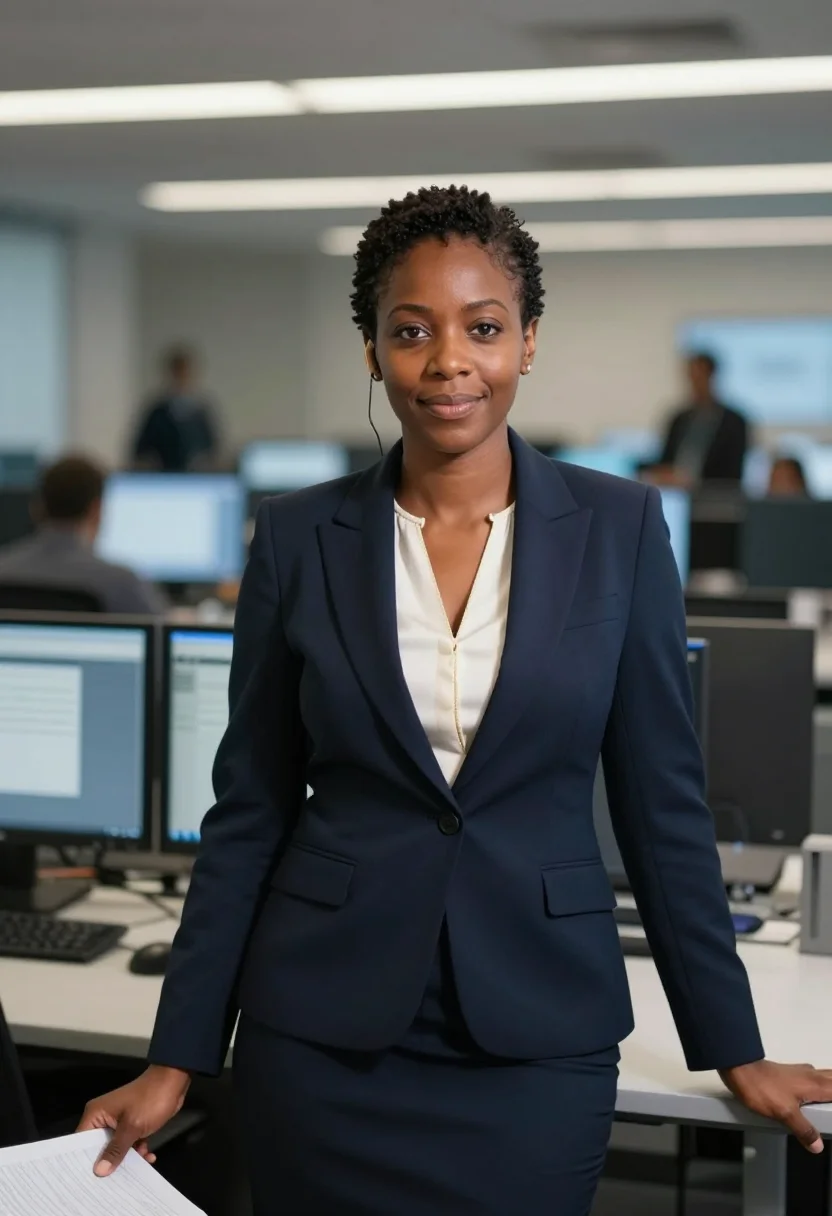 AI anchor desk sample — portrait of a woman, three-quarter-length portrait of a Blac