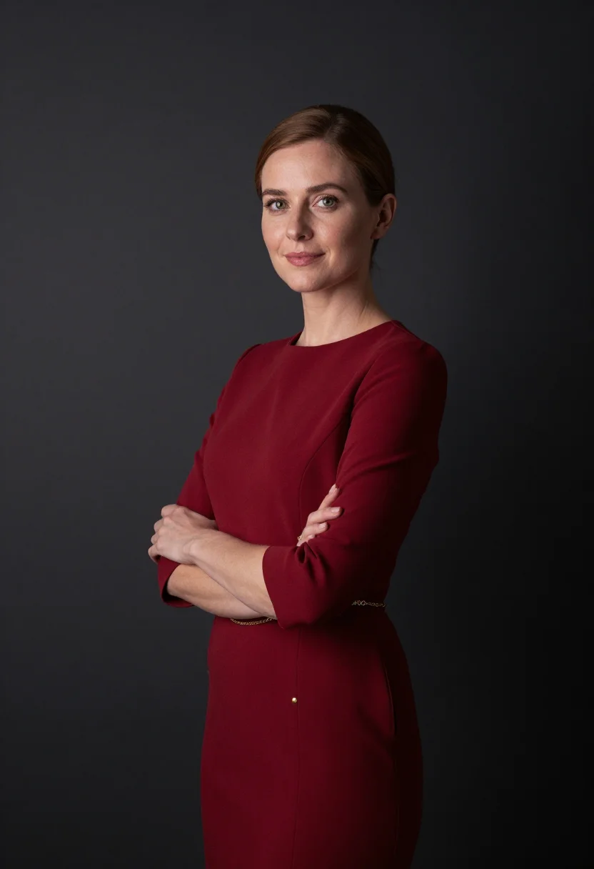 AI anchor desk sample — portrait of a woman, three-quarter-length portrait of a West