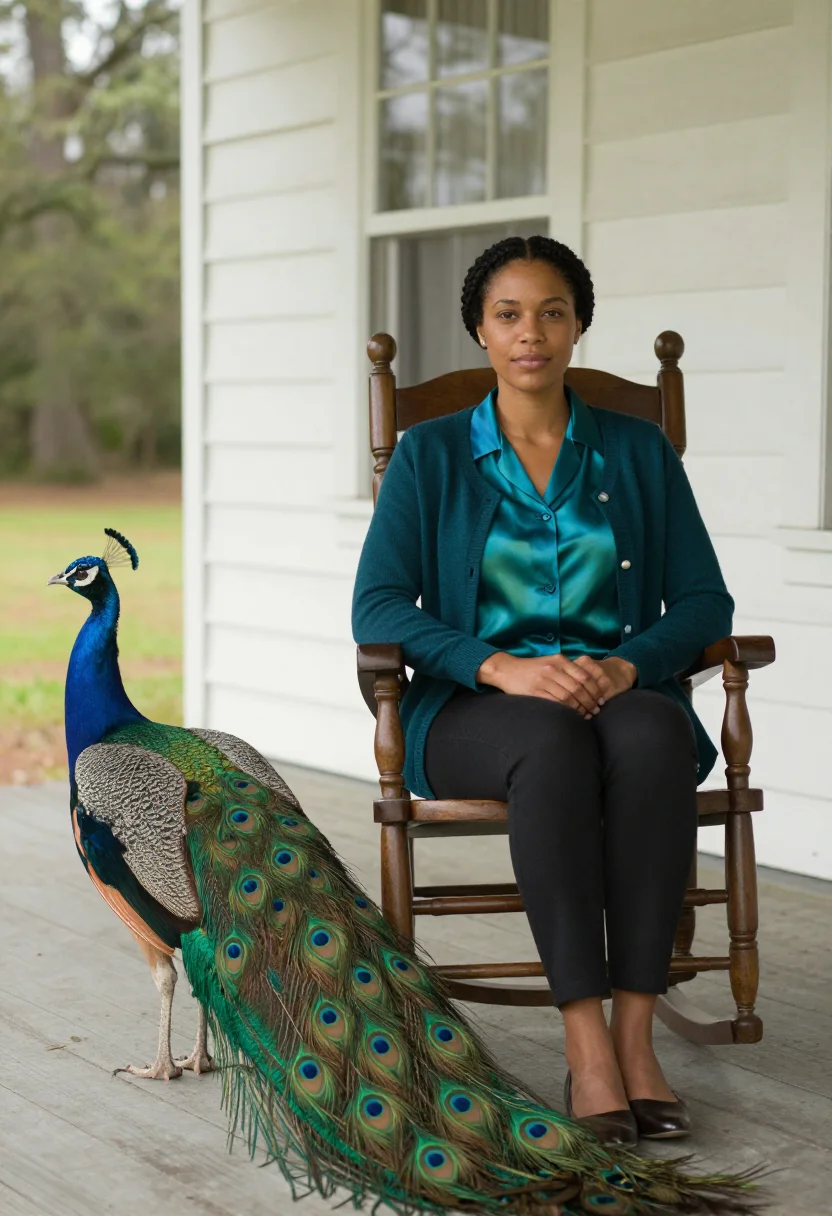 AI andalusia peacock writer flannery sample — portrait of a woman, in her early thirties, with warm brown