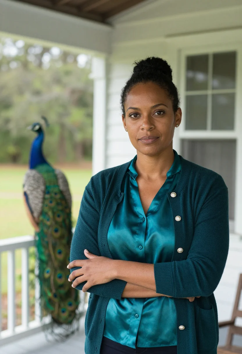 AI andalusia peacock writer flannery sample — portrait of a woman, in her mid-thirties, with deep brown sk