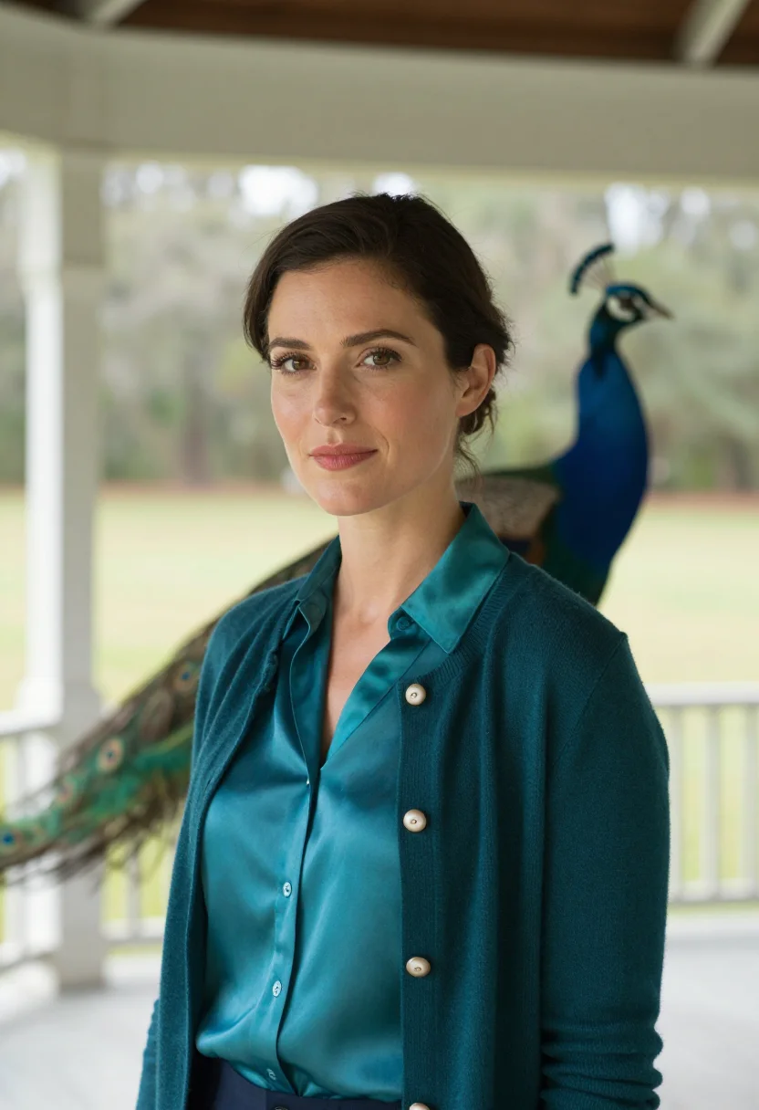 AI andalusia peacock writer flannery sample — portrait of a woman, in her early forties, with fair warm sk