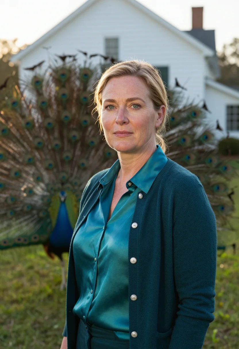AI andalusia peacock writer flannery sample — portrait of a woman, in her mid-forties, with fair rosy skin