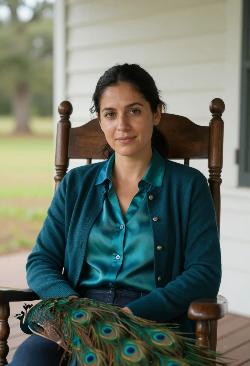 AI andalusia peacock writer flannery sample — portrait of a woman, in her late twenties, with warm olive s