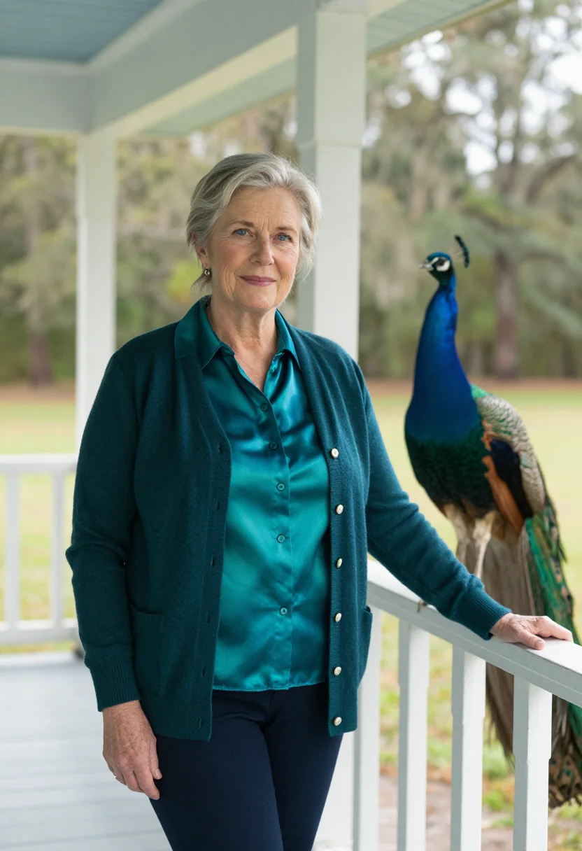 AI andalusia peacock writer flannery sample — portrait of a woman, in her late fifties, with fair skin, bl
