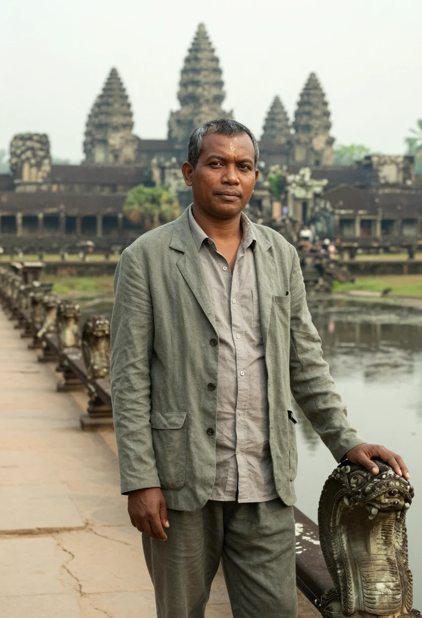 AI angkor archaeologist grey sandstone moss sample — portrait of a man, half-length portrait of a Khmer man in hi