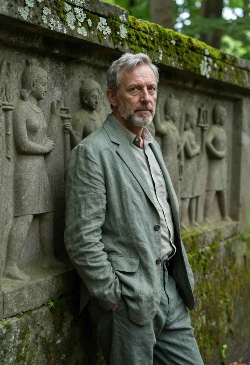 AI angkor archaeologist grey sandstone moss sample — portrait of a man, half-length portrait of a Western-Europea