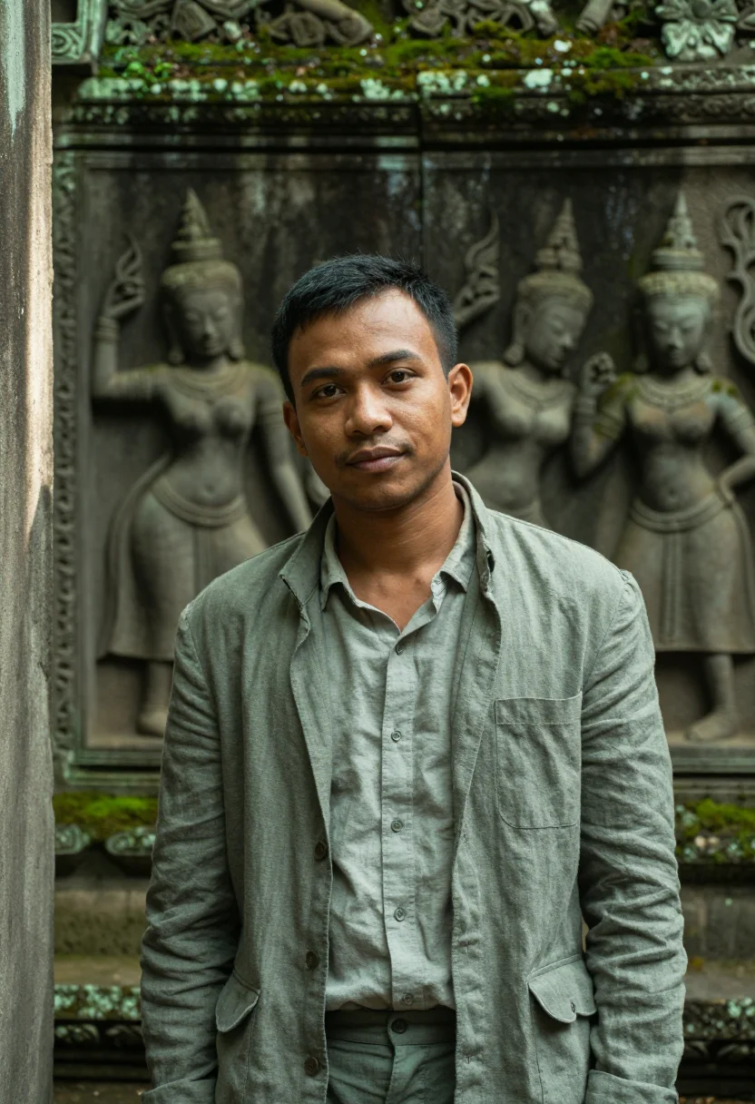 AI angkor archaeologist grey sandstone moss sample — portrait of a man, chest-up portrait of a Khmer man in his m
