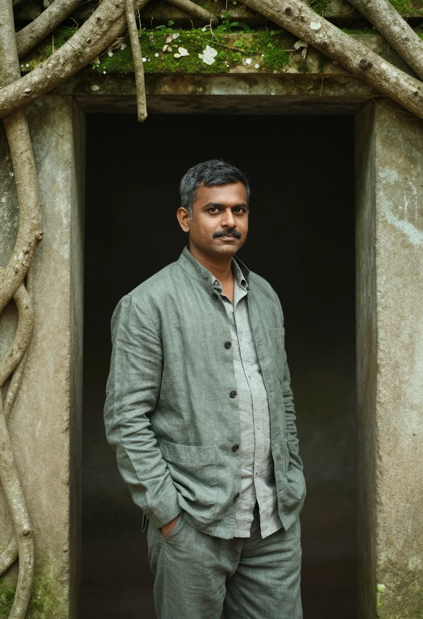 AI angkor archaeologist grey sandstone moss sample — portrait of a man, half-length portrait of an Indian man in