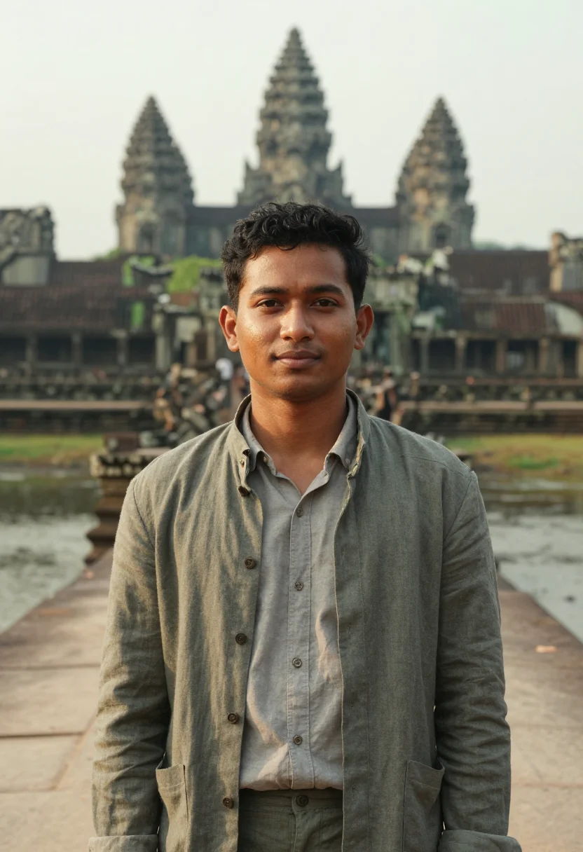 AI angkor archaeologist grey sandstone moss sample — portrait of a man, head-and-shoulders portrait of a Khmer ma