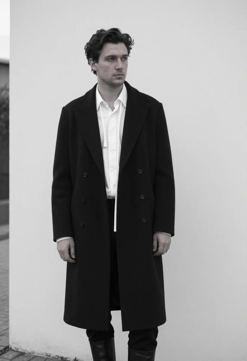 AI ann demeulemeester antwerp poet white shirt black men sample — portrait of a man, a French man in his late twenties with fa