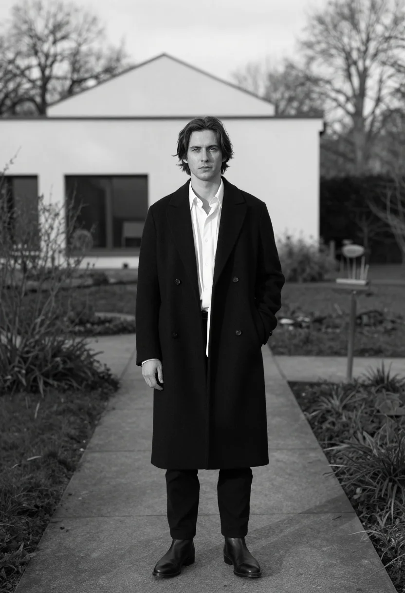 AI ann demeulemeester antwerp poet white shirt black men sample — portrait of a man, an English man in his late thirties with