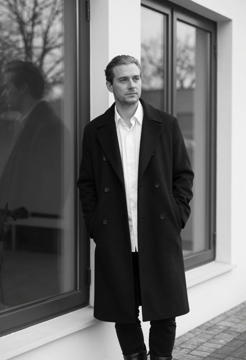 AI ann demeulemeester antwerp poet white shirt black men sample — portrait of a man, a Dutch man in his early forties with fai
