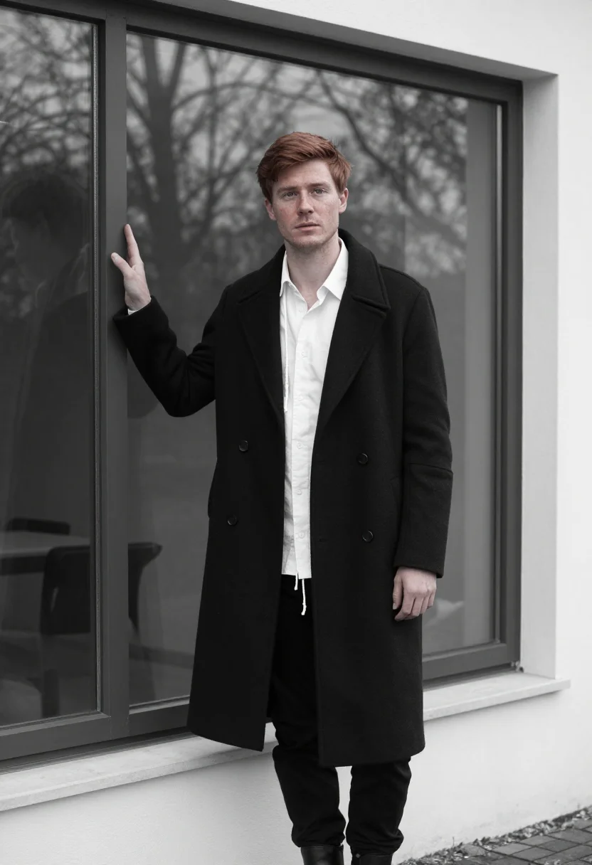 AI ann demeulemeester antwerp poet white shirt black men sample — portrait of a man, an Irish man in his early thirties with f