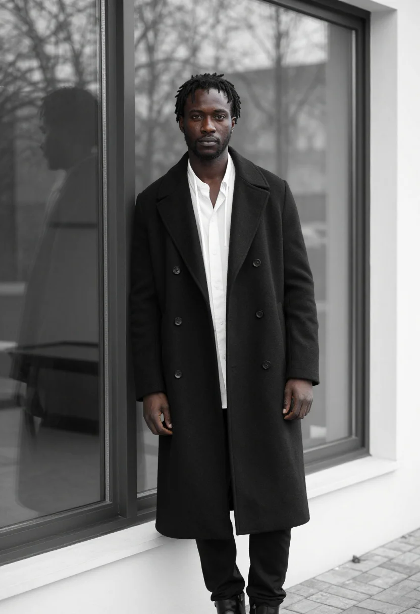 AI ann demeulemeester antwerp poet white shirt black men sample — portrait of a man, a Senegalese-Belgian man in his late twen