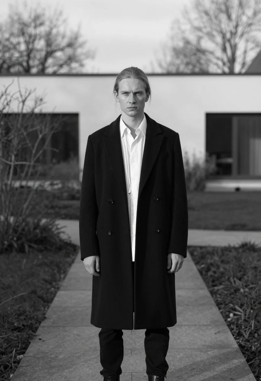 AI ann demeulemeester antwerp poet white shirt black men sample — portrait of a man, a German man in his mid-thirties with fai