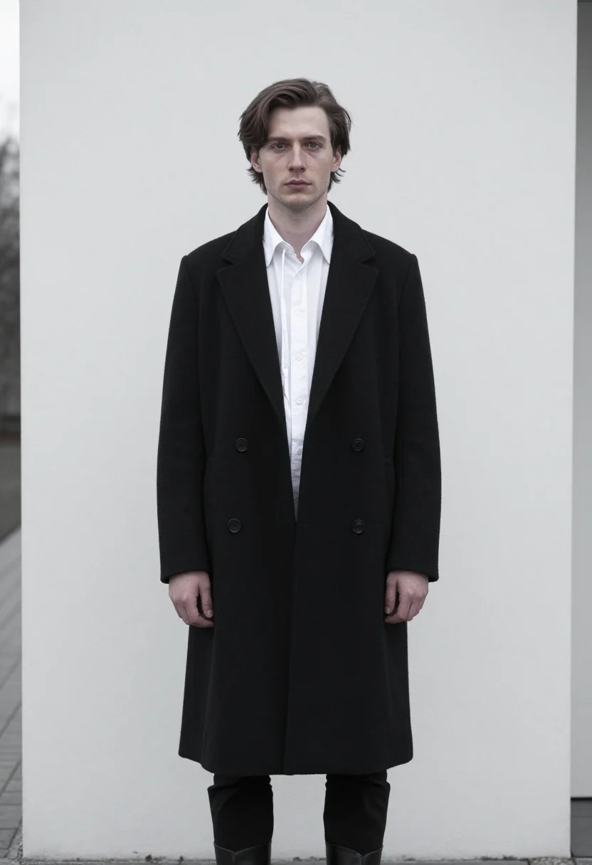 AI ann demeulemeester antwerp poet white shirt black men sample — portrait of a man, a Flemish man in his early thirties with