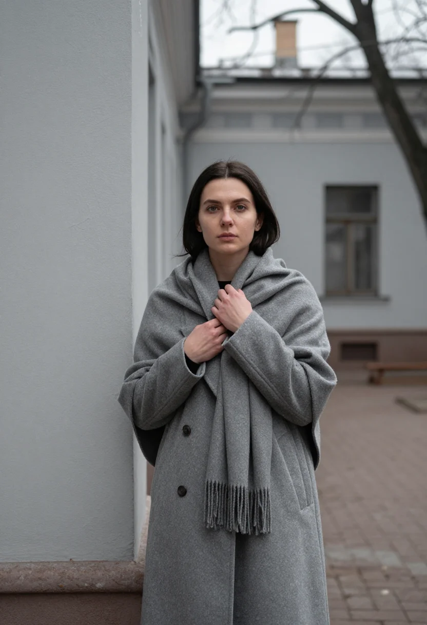 AI anna akhmatova fontanka january grey sample — portrait of a woman, framed half-length from the head to the