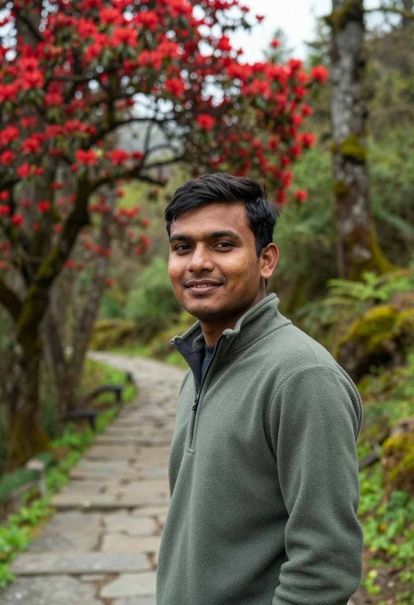 AI annapurna rhododendron april red sample — portrait of a man, framed chest-up, the camera at eye level