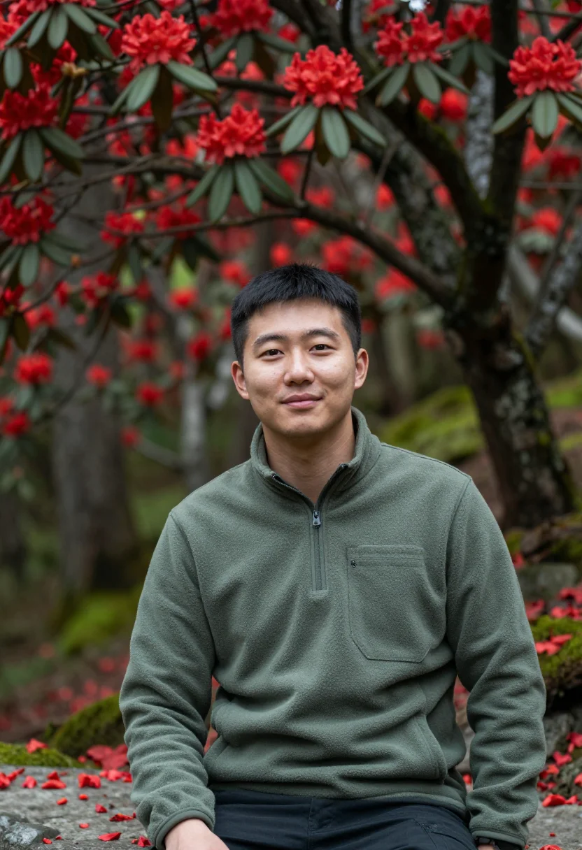 AI annapurna rhododendron april red sample — portrait of a man, framed chest-up, the camera at eye level