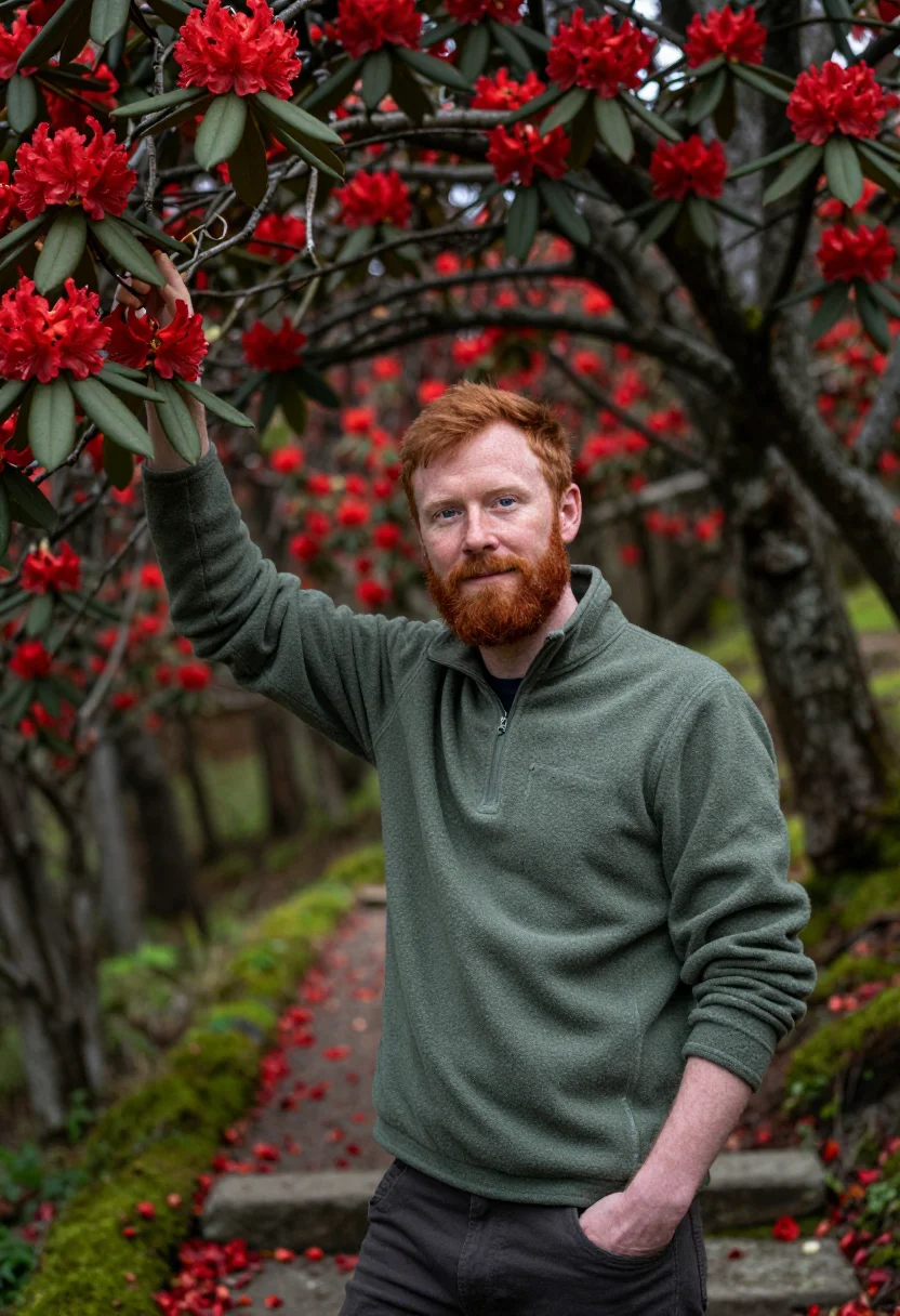 AI annapurna rhododendron april red sample — portrait of a man, framed half-length from the head to the w