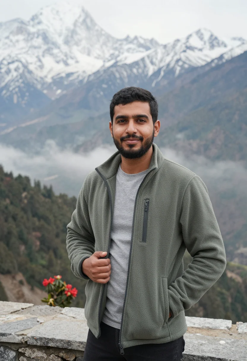 AI annapurna rhododendron april red sample — portrait of a man, framed half-length from the head to the w