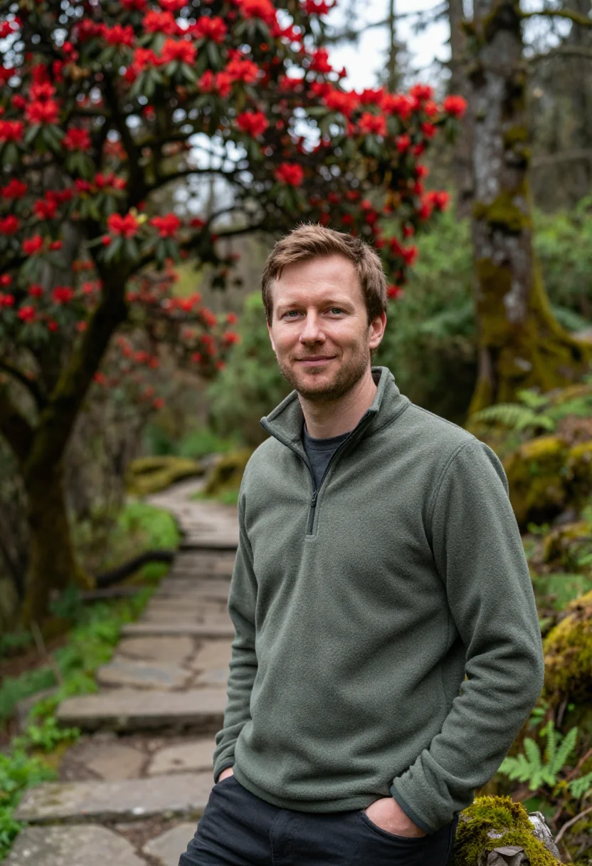 AI annapurna rhododendron april red sample — portrait of a man, framed half-length from the head to the w