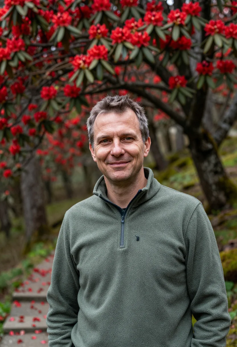 AI annapurna rhododendron april red sample — portrait of a man, framed tight, head and shoulders, the bod