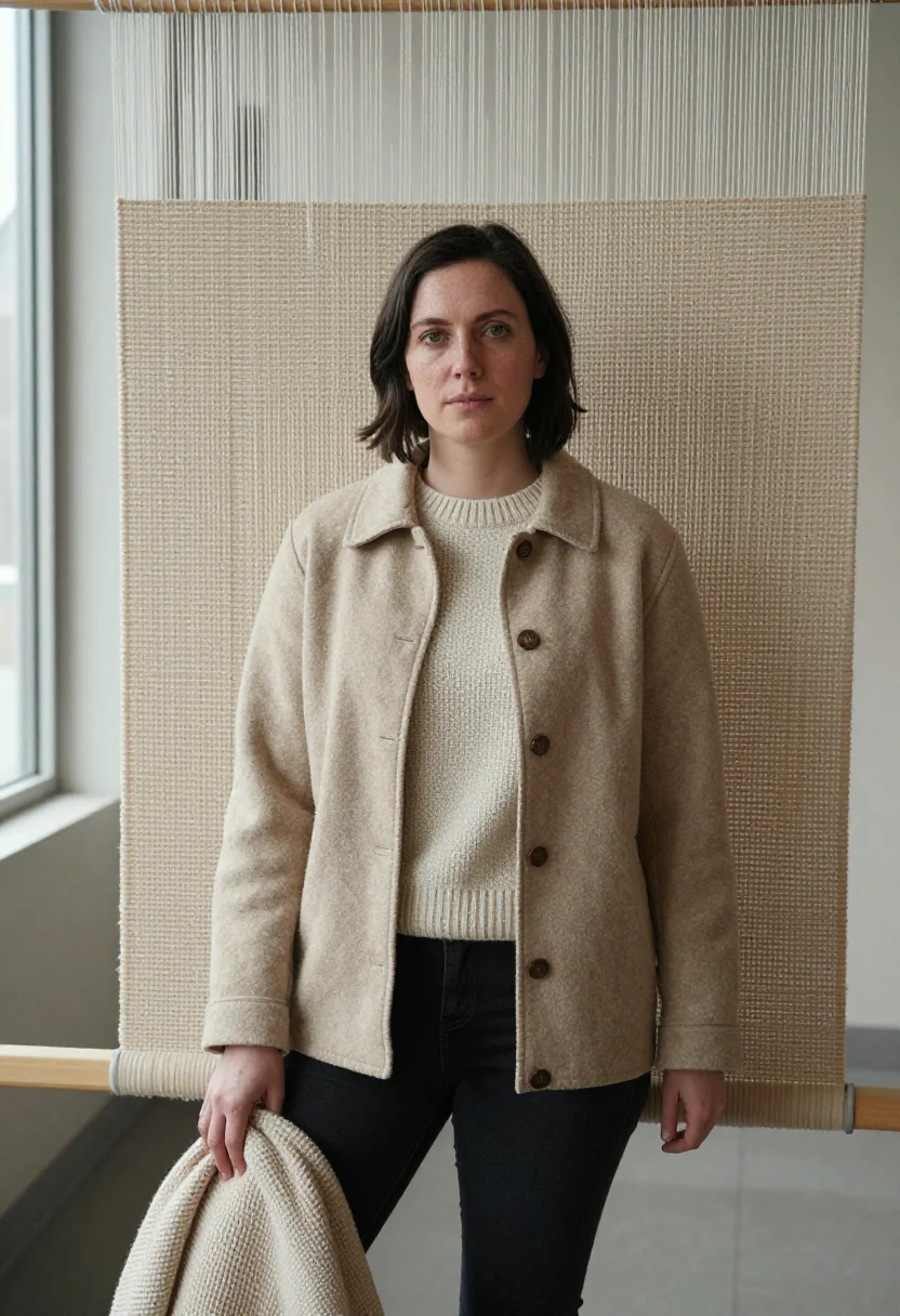 AI anni albers black mountain january loom sample — portrait of a woman, framed three-quarter length from the he