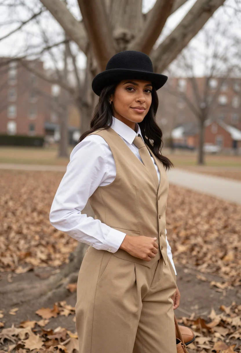 AI annie hall upper west side khaki sample — portrait of a woman, framed chest-up, cropped at the ribs, t