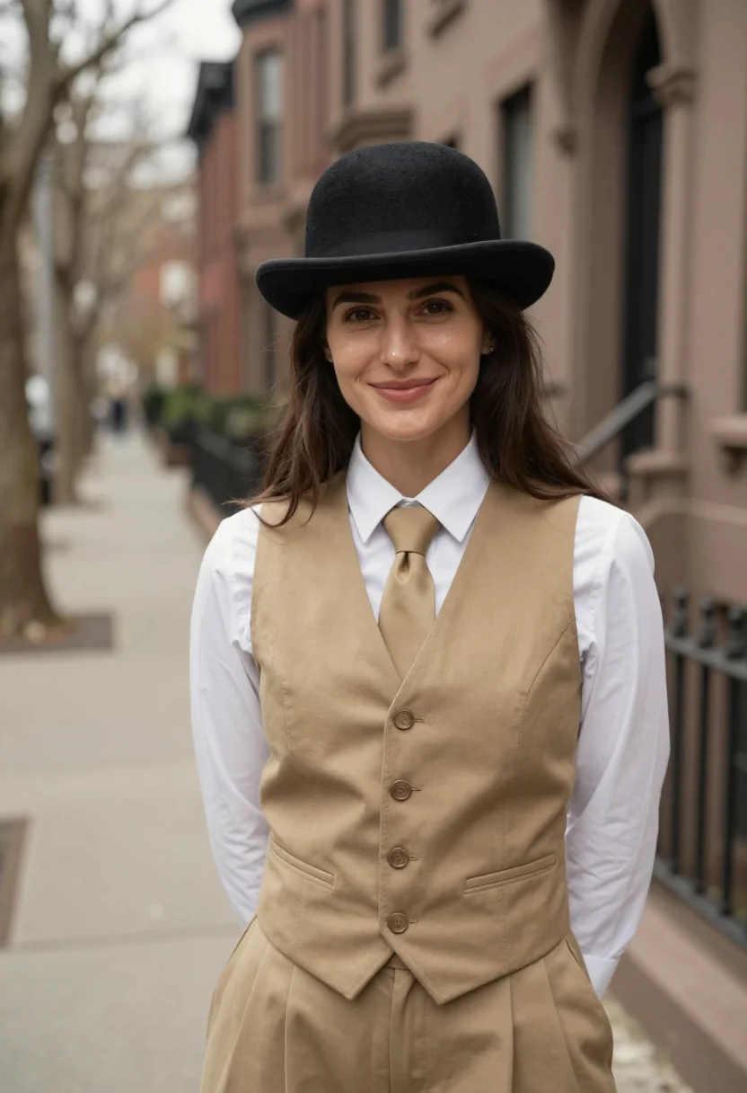 AI annie hall upper west side khaki sample — portrait of a woman, framed tight, head and shoulders, the b