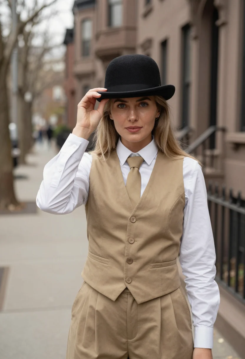 AI annie hall upper west side khaki sample — portrait of a woman, framed chest-up, cropped at the ribs, t
