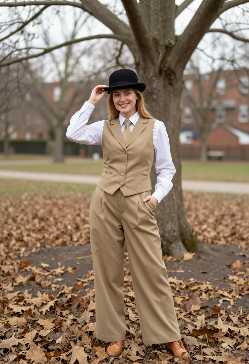 AI annie hall upper west side khaki sample — portrait of a woman, framed full-length from the bowler to t