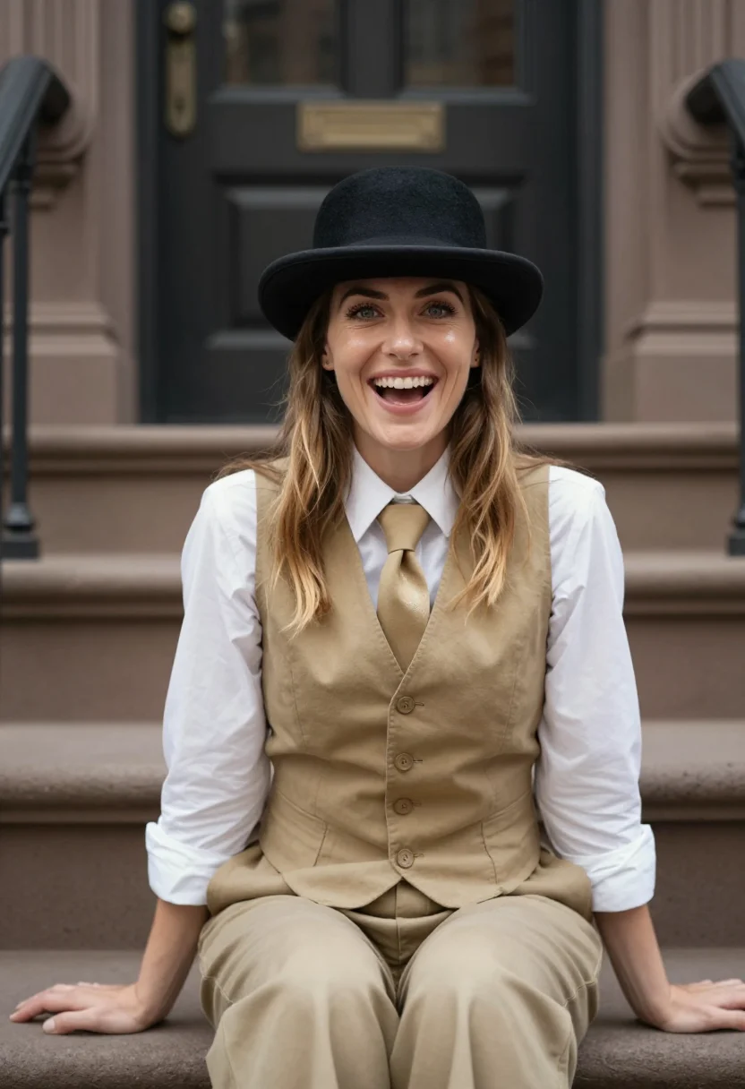 AI annie hall upper west side khaki sample — portrait of a woman, framed tight, head and shoulders, the b