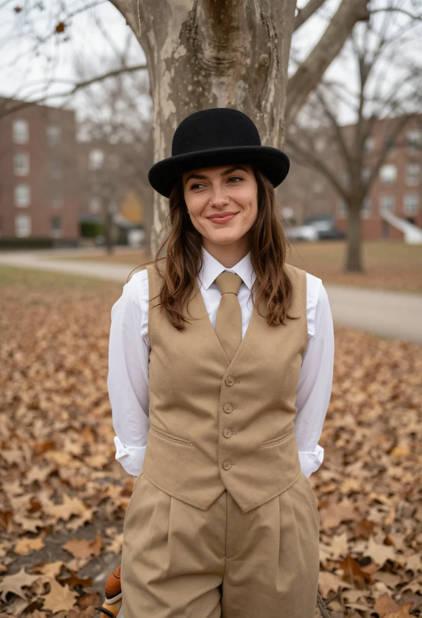 AI annie hall upper west side khaki sample — portrait of a woman, framed tight, head and shoulders, the b