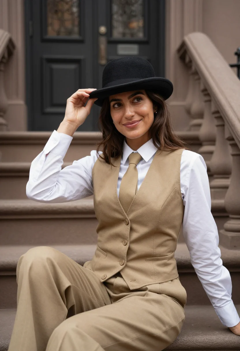 AI annie hall upper west side khaki sample — portrait of a woman, framed chest-up, cropped at the ribs, t