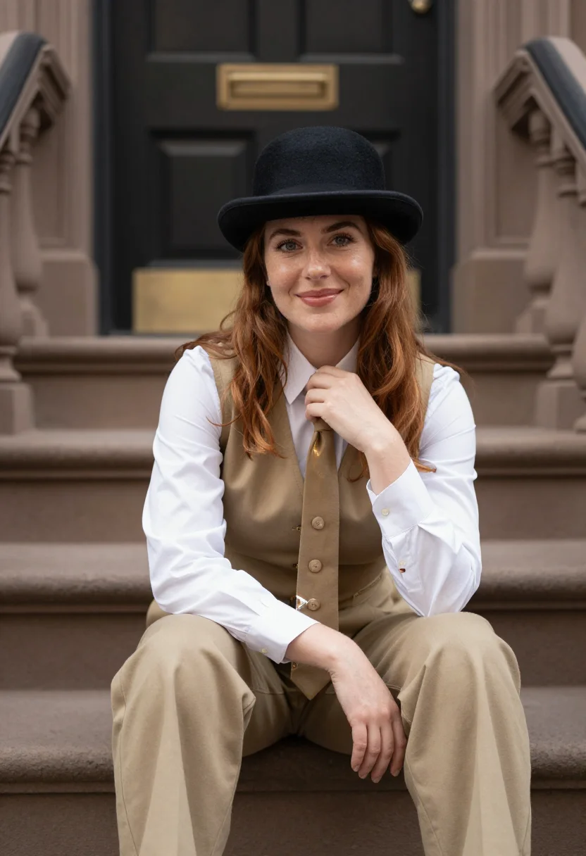 AI annie hall upper west side khaki sample — portrait of a woman, framed half-length from the head to the