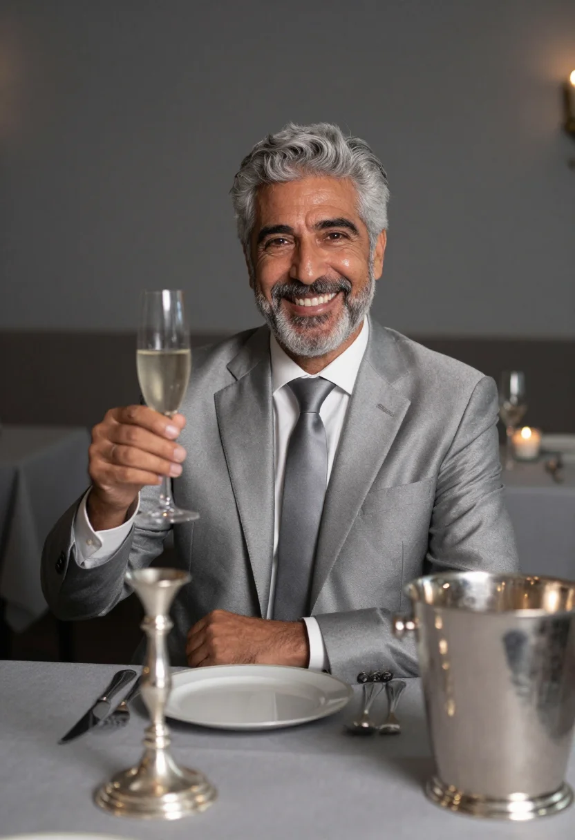 AI anniversary dinner silver grey sample — portrait of a man, framed chest-up, the crop falling at mid-