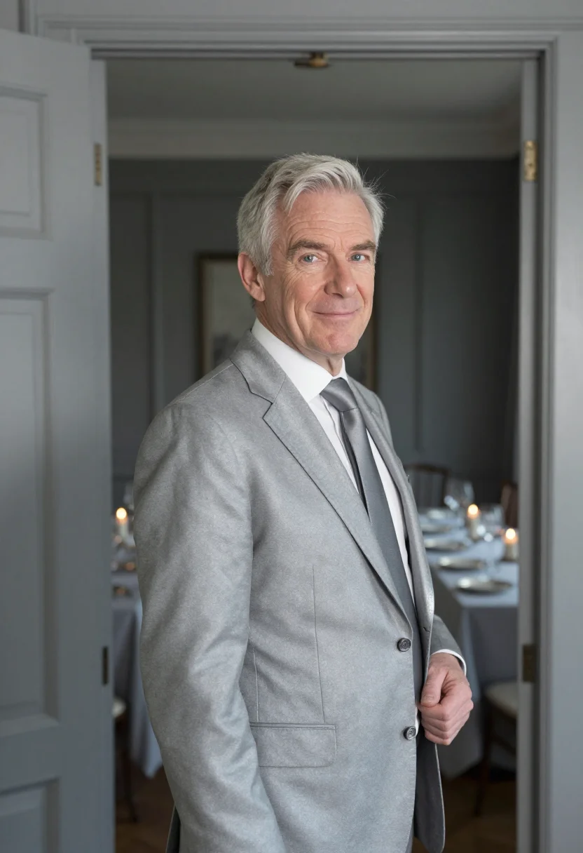 AI anniversary dinner silver grey sample — portrait of a man, framed chest-up, the crop falling at mid-