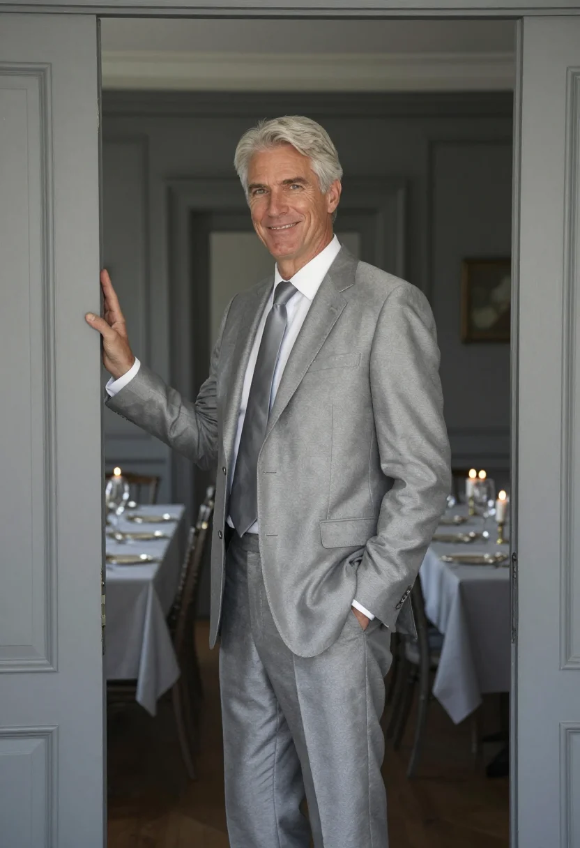 AI anniversary dinner silver grey sample — portrait of a man, framed half-length from the waist up, the