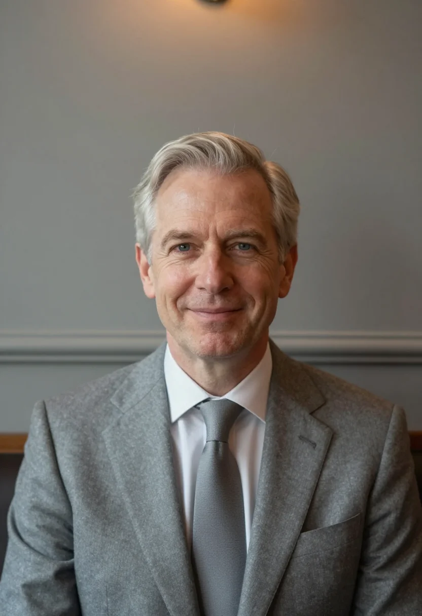 AI anniversary dinner silver grey sample — portrait of a man, framed tight, head and shoulders, the bod