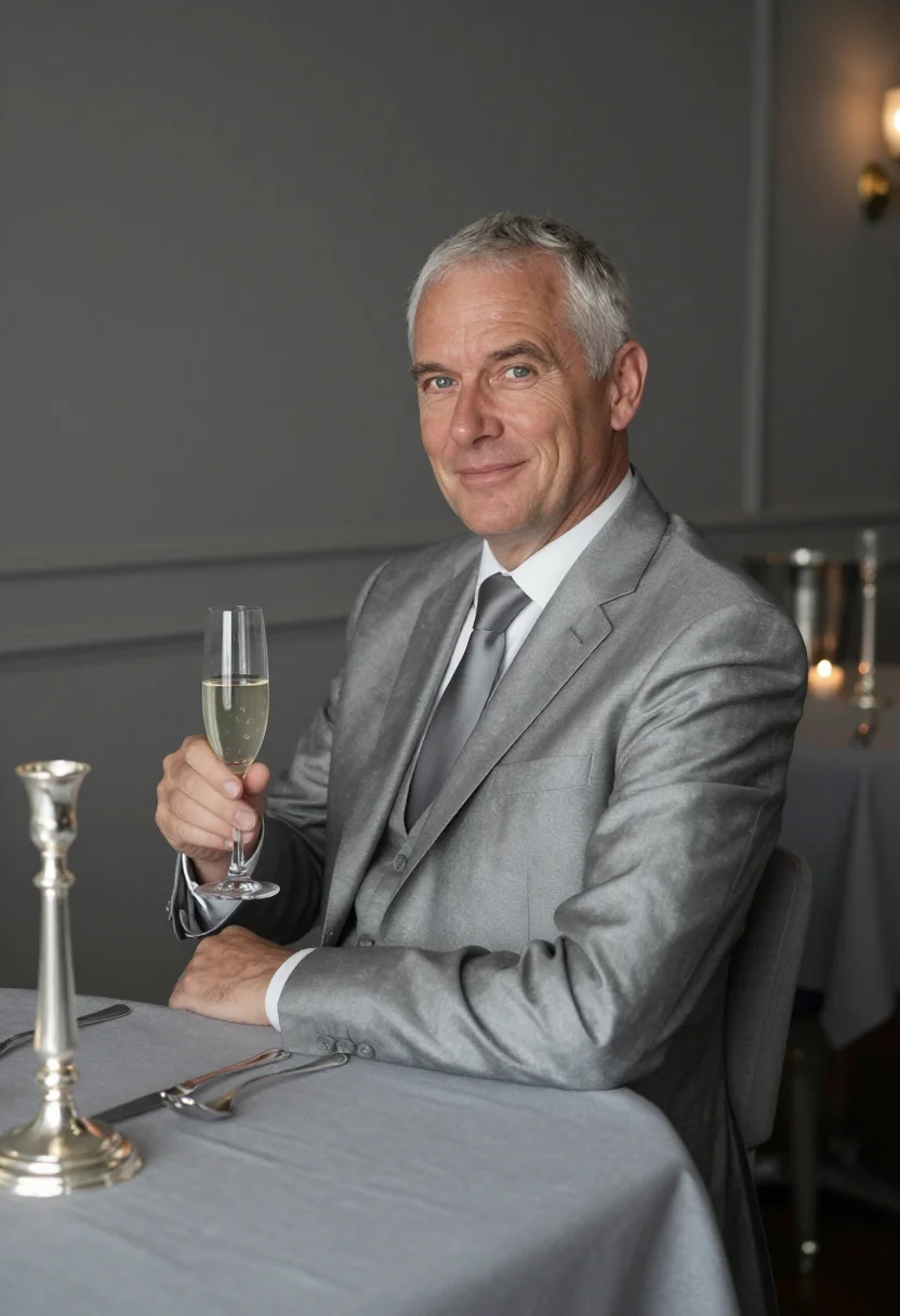 AI anniversary dinner silver grey sample — portrait of a man, framed half-length from the waist up, the