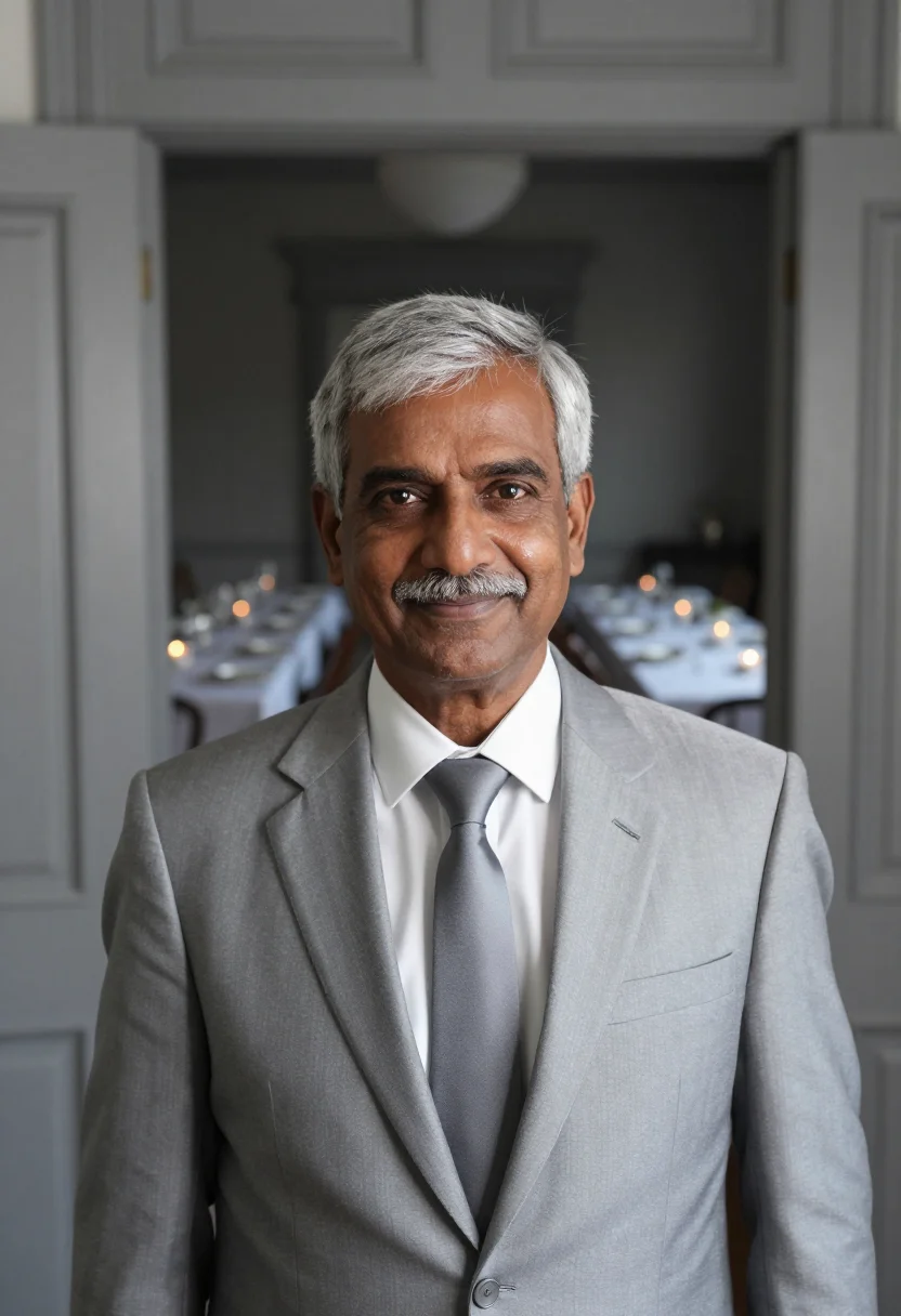 AI anniversary dinner silver grey sample — portrait of a man, framed tight, head and shoulders, the bod