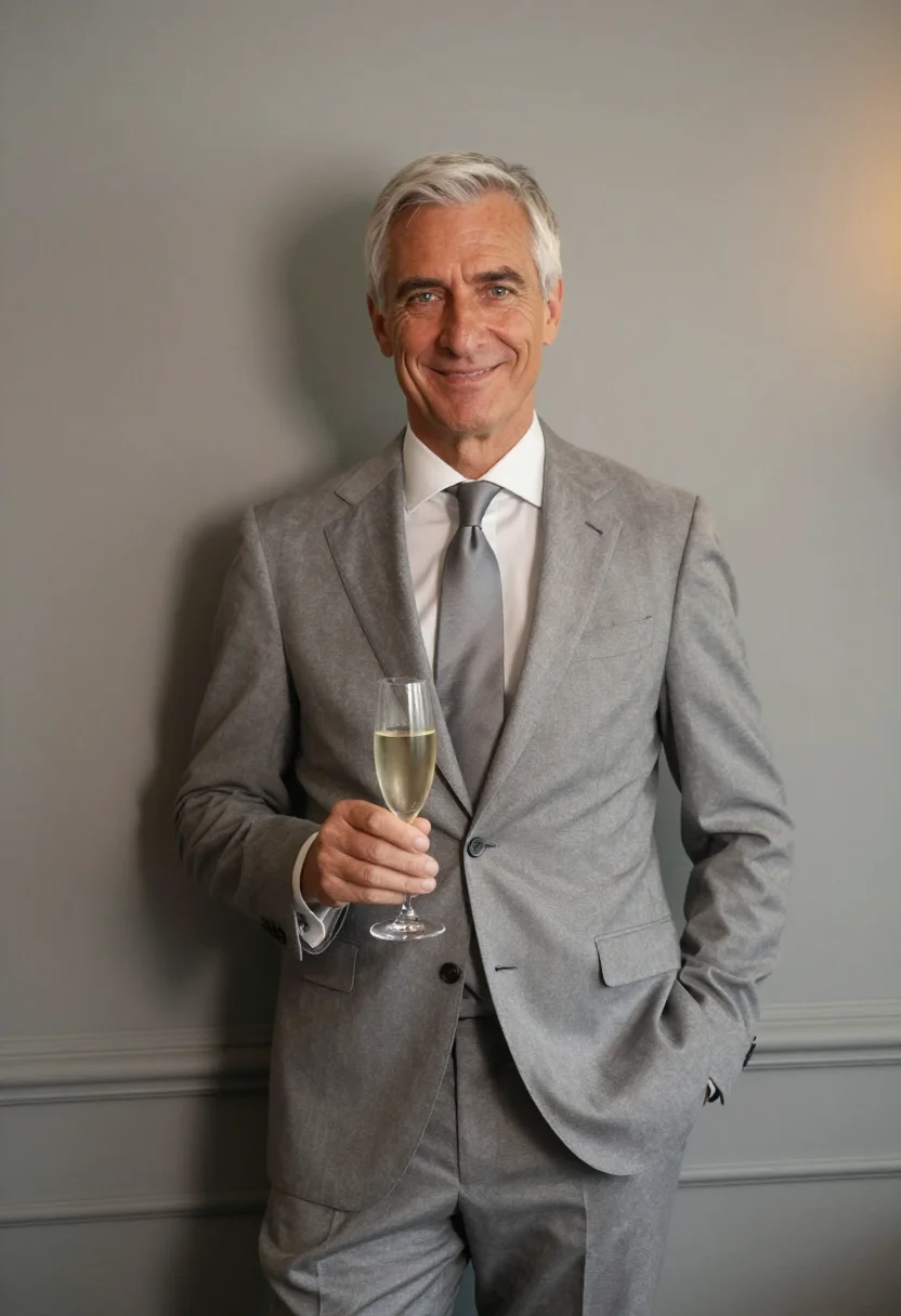 AI anniversary dinner silver grey sample — portrait of a man, framed half-length from the waist up, the