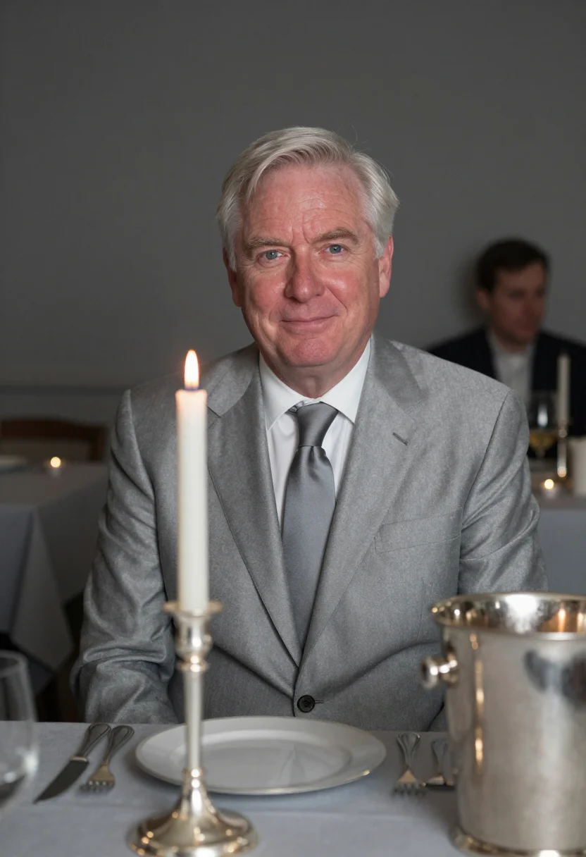 AI anniversary dinner silver grey sample — portrait of a man, framed tight, head and shoulders, the bod