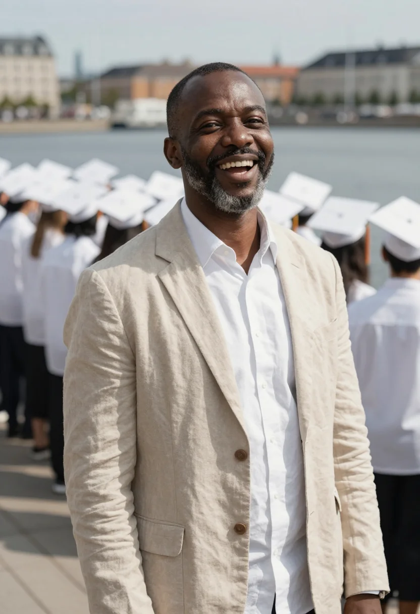 AI another round copenhagen harbour jump linen sample — portrait of a man, a teacher in his late forties of Danish-G